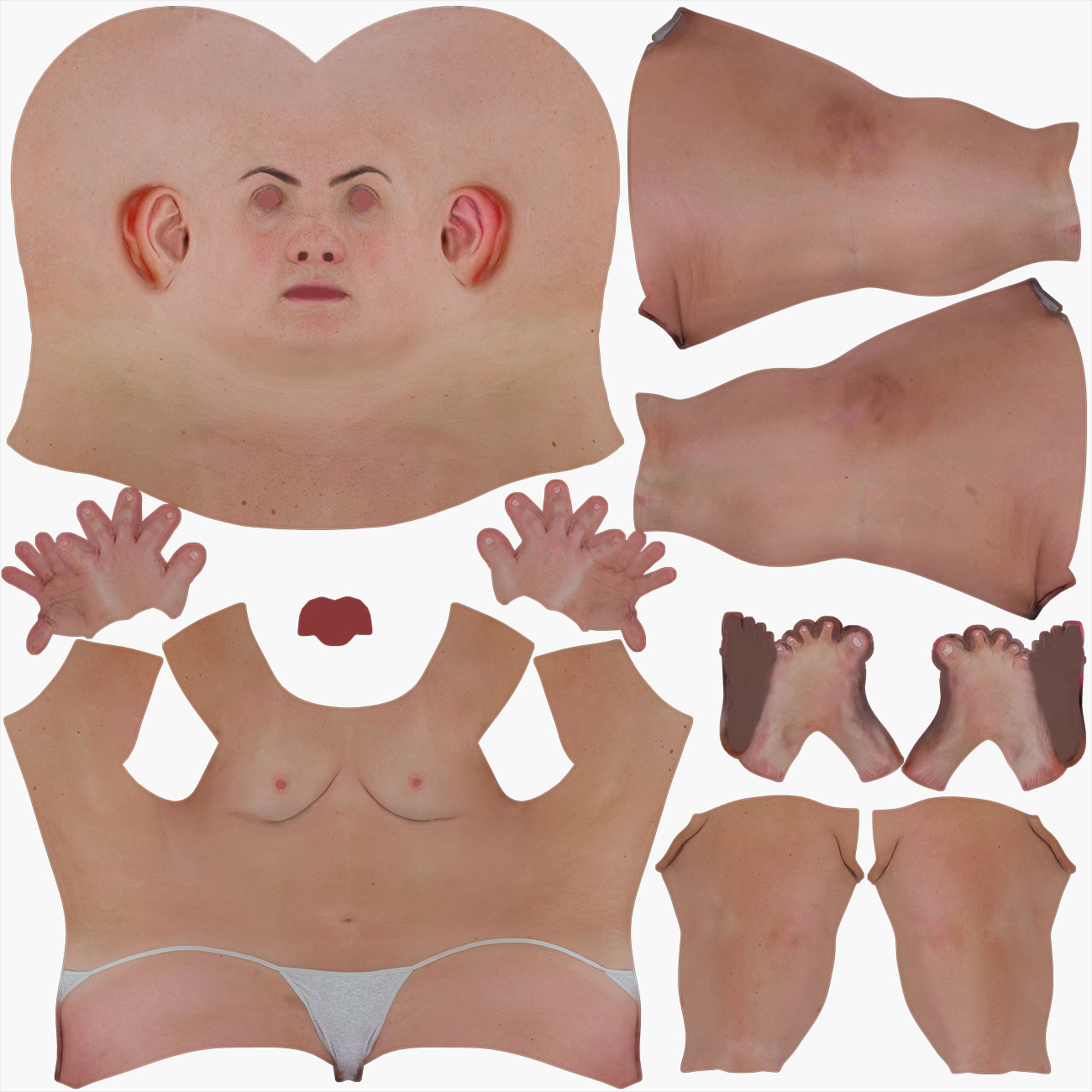 Unwrapped UV map layout for a female full body 3D scan showing texture island arrangement and low-distortion mapping